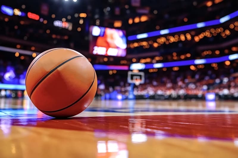 Basketball ball lying on the court in a blurred stadium during championship game